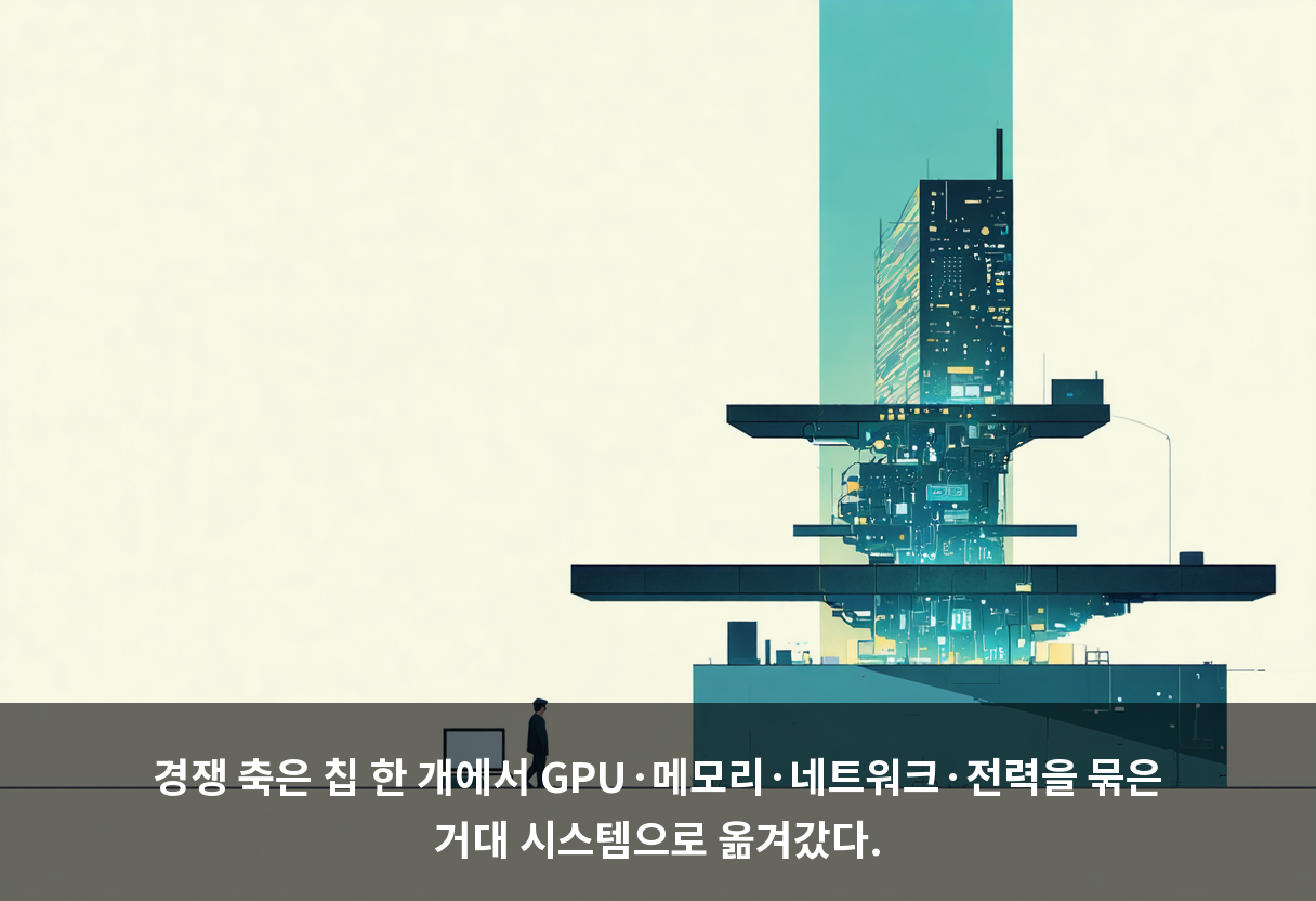 경쟁 축은 칩 한 개에서 GPU·메모리·네트워크·전력을 묶은 거대 시스템으로 옮겨갔다.