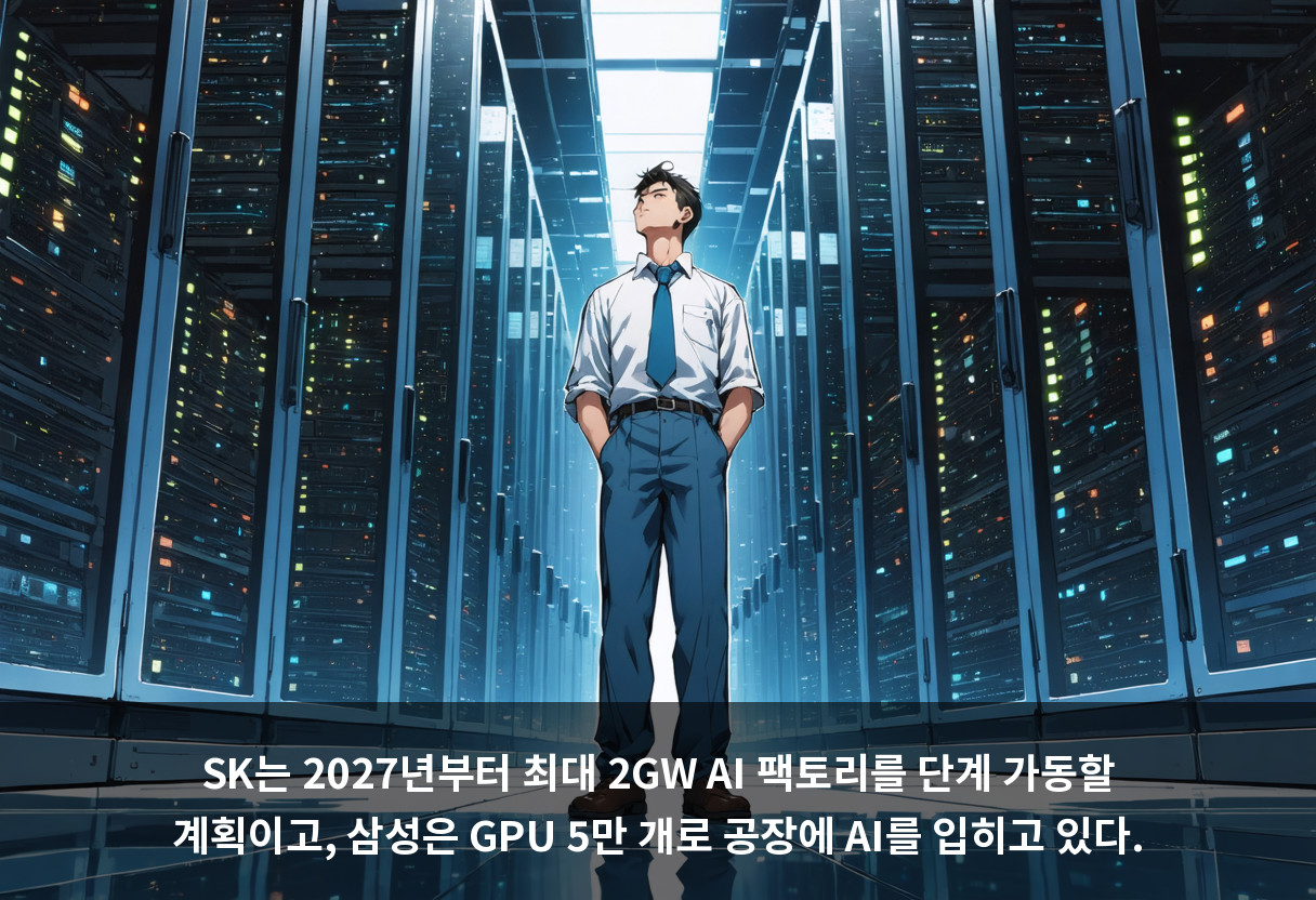 SK는 2027년부터 최대 2GW AI 팩토리를 단계 가동할 계획이고, 삼성은 GPU 5만 개로 공장에 AI를 입히고 있다.