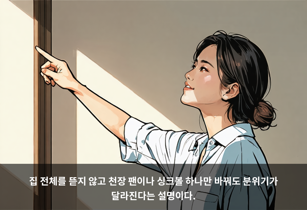 집 전체를 뜯지 않고 천장 팬이나 싱크볼 하나만 바꿔도 분위기가 달라진다는 설명이다.