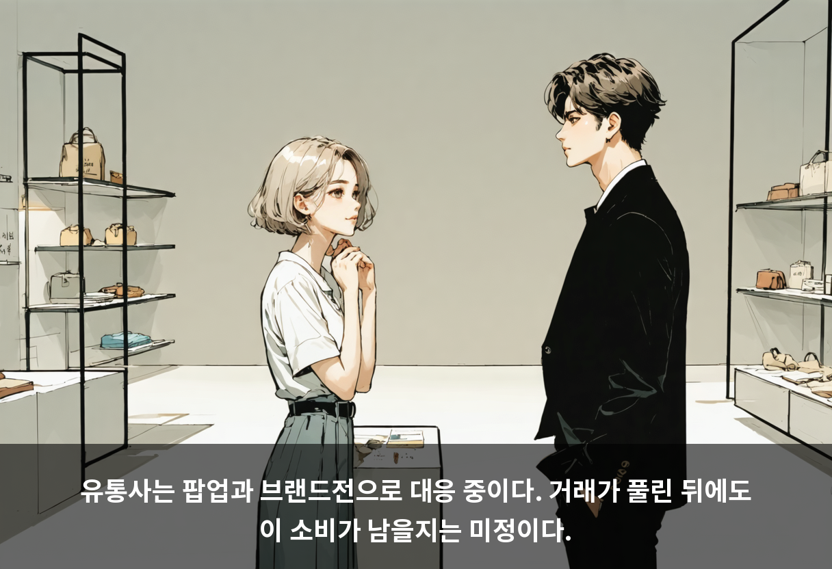유통사는 팝업과 브랜드전으로 대응 중이다. 거래가 풀린 뒤에도 이 소비가 남을지는 미정이다.