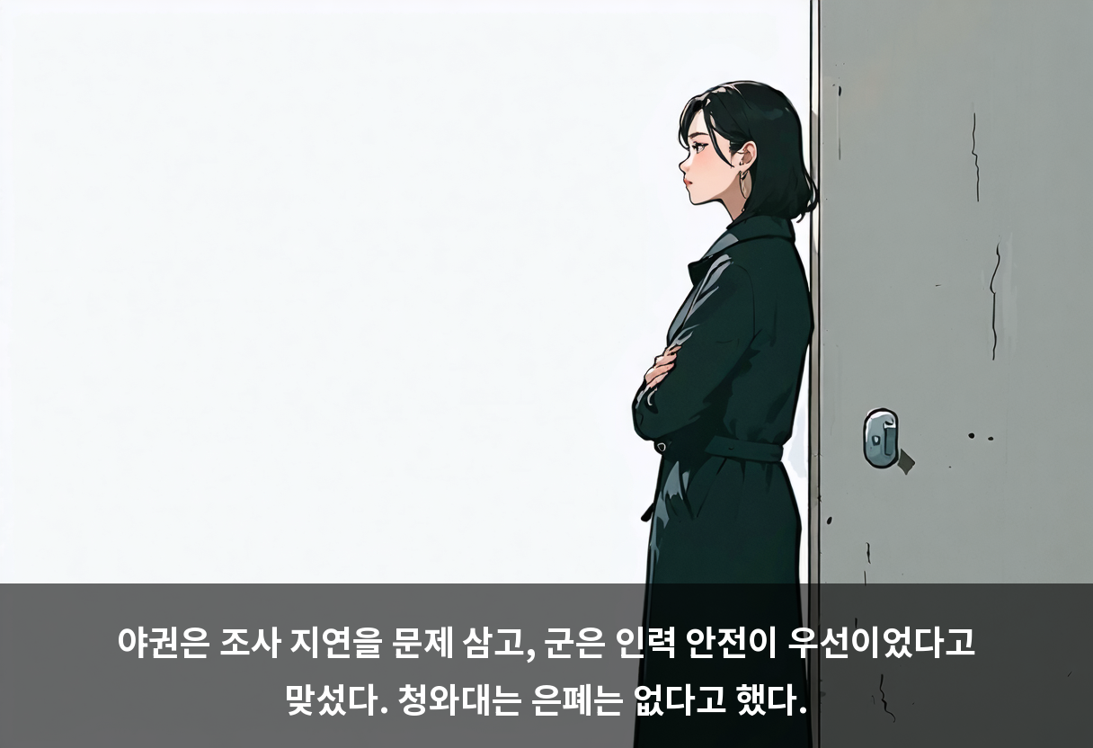 야권은 조사 지연을 문제 삼고, 군은 인력 안전이 우선이었다고 맞섰다. 청와대는 은폐는 없다고 했다.