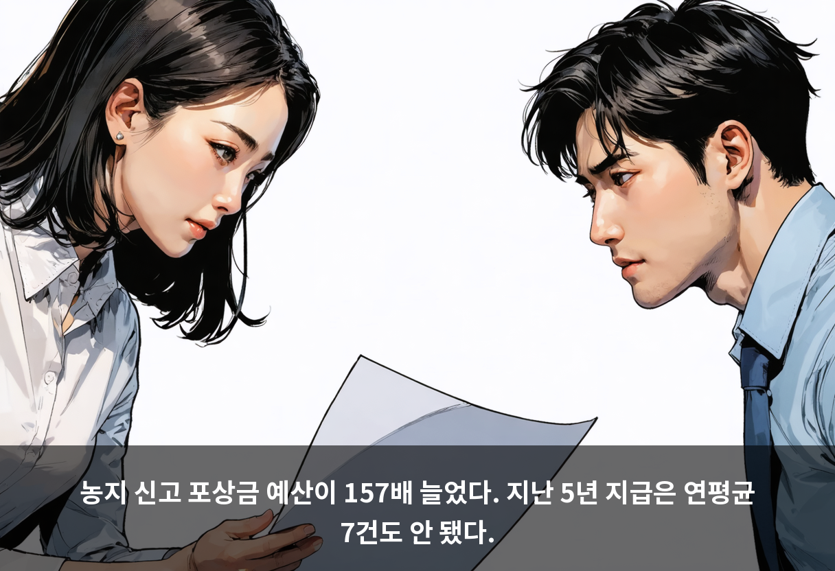 농지 신고 포상금 예산이 157배 늘었다. 지난 5년 지급은 연평균 7건도 안 됐다.