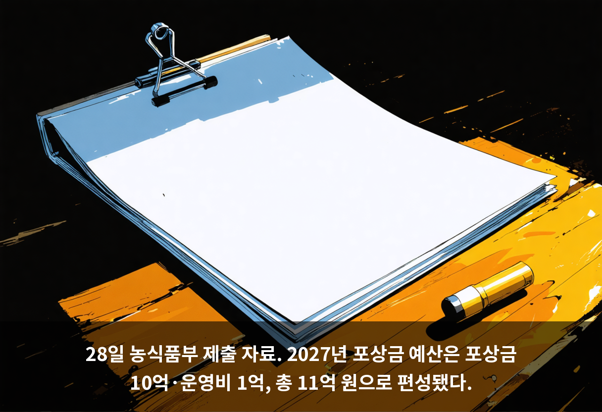 28일 농식품부 제출 자료. 2027년 포상금 예산은 포상금 10억·운영비 1억, 총 11억 원으로 편성됐다.