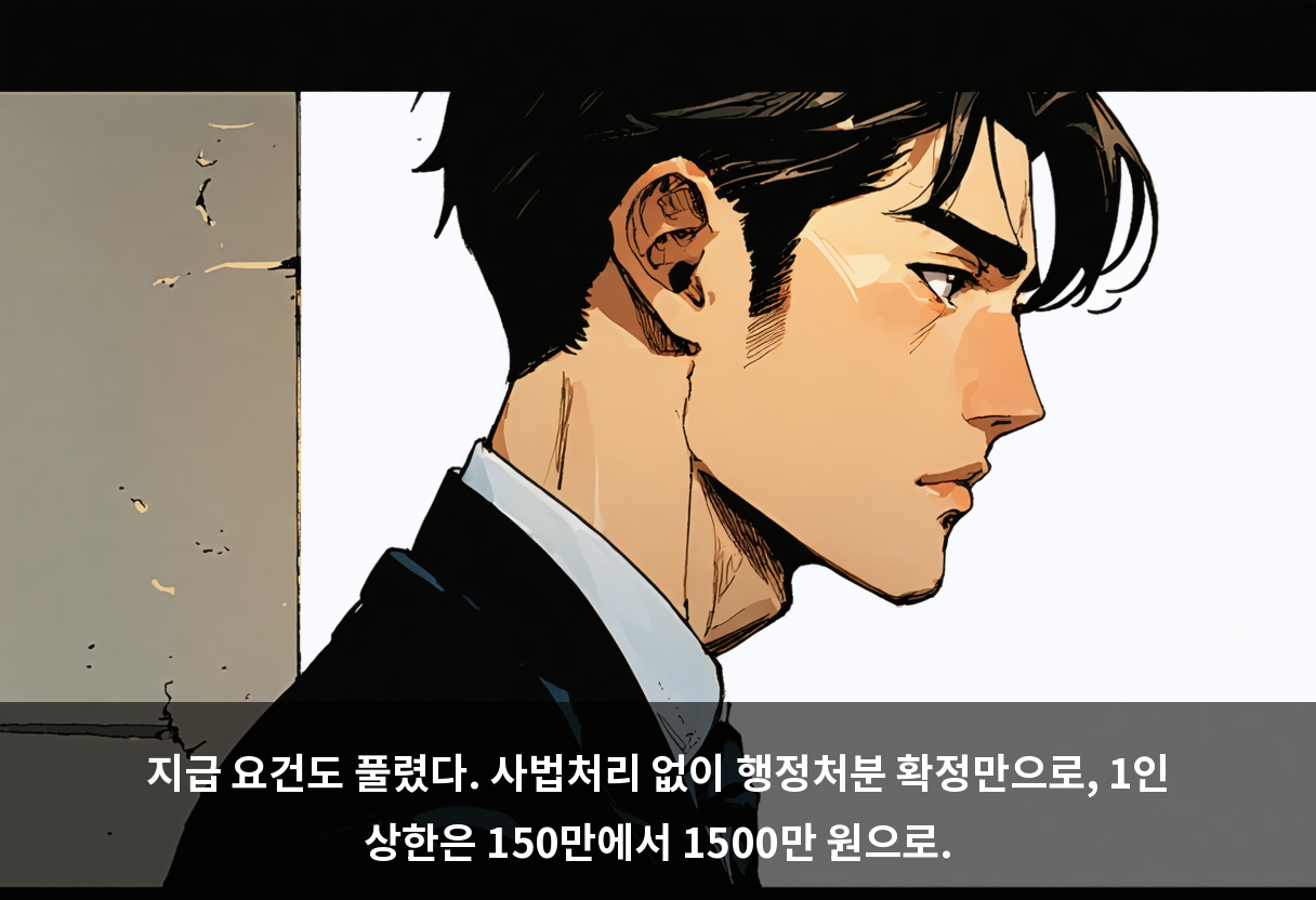 지급 요건도 풀렸다. 사법처리 없이 행정처분 확정만으로, 1인 상한은 150만에서 1500만 원으로.