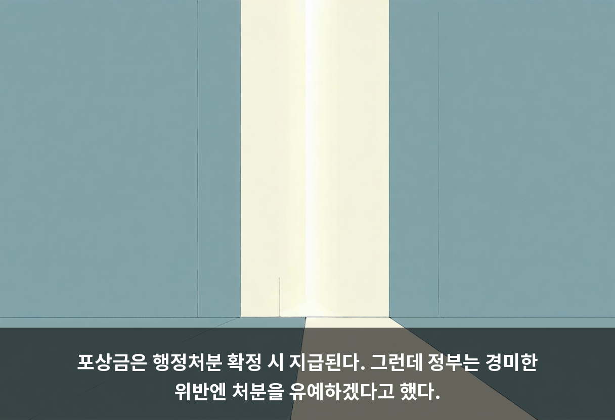 포상금은 행정처분 확정 시 지급된다. 그런데 정부는 경미한 위반엔 처분을 유예하겠다고 했다.