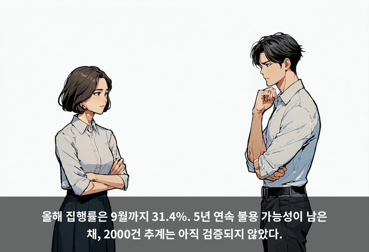올해 집행률은 9월까지 31.4%. 5년 연속 불용 가능성이 남은 채, 2000건 추계는 아직 검증되지 않았다.