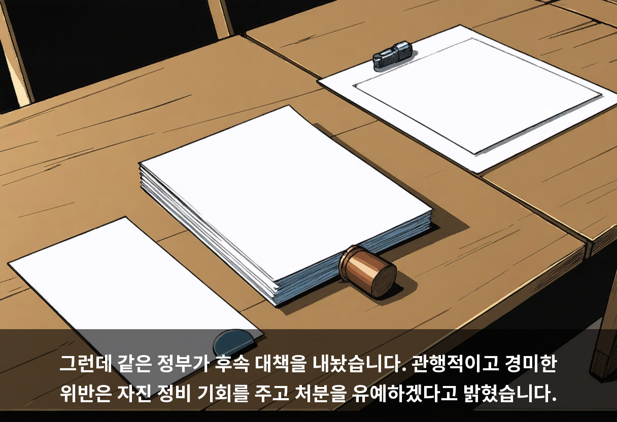 그런데 같은 정부가 후속 대책을 내놨습니다. 관행적이고 경미한 위반은 자진 정비 기회를 주고 처분을 유예하겠다고 밝혔습니다.