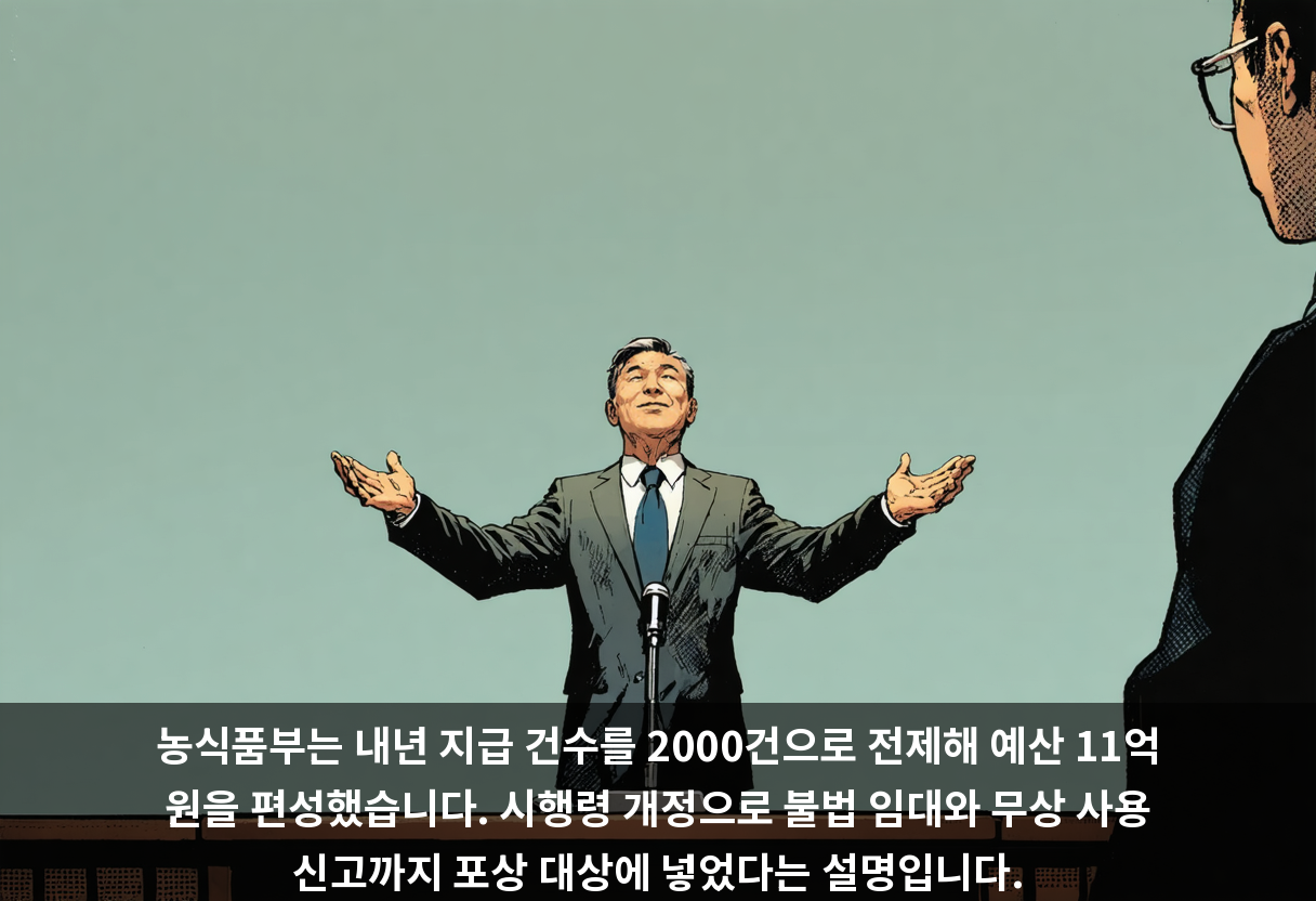 농식품부는 내년 지급 건수를 2000건으로 전제해 예산 11억 원을 편성했습니다. 시행령 개정으로 불법 임대와 무상 사용 신고까지 포상 대상에 넣었다는 설명입니다.