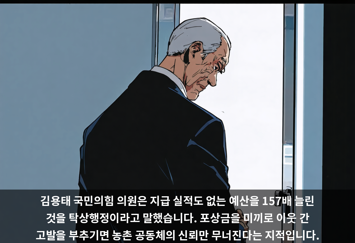 김용태 국민의힘 의원은 지급 실적도 없는 예산을 157배 늘린 것을 탁상행정이라고 말했습니다. 포상금을 미끼로 이웃 간 고발을 부추기면 농촌 공동체의 신뢰만 무너진다는 지적입니다.