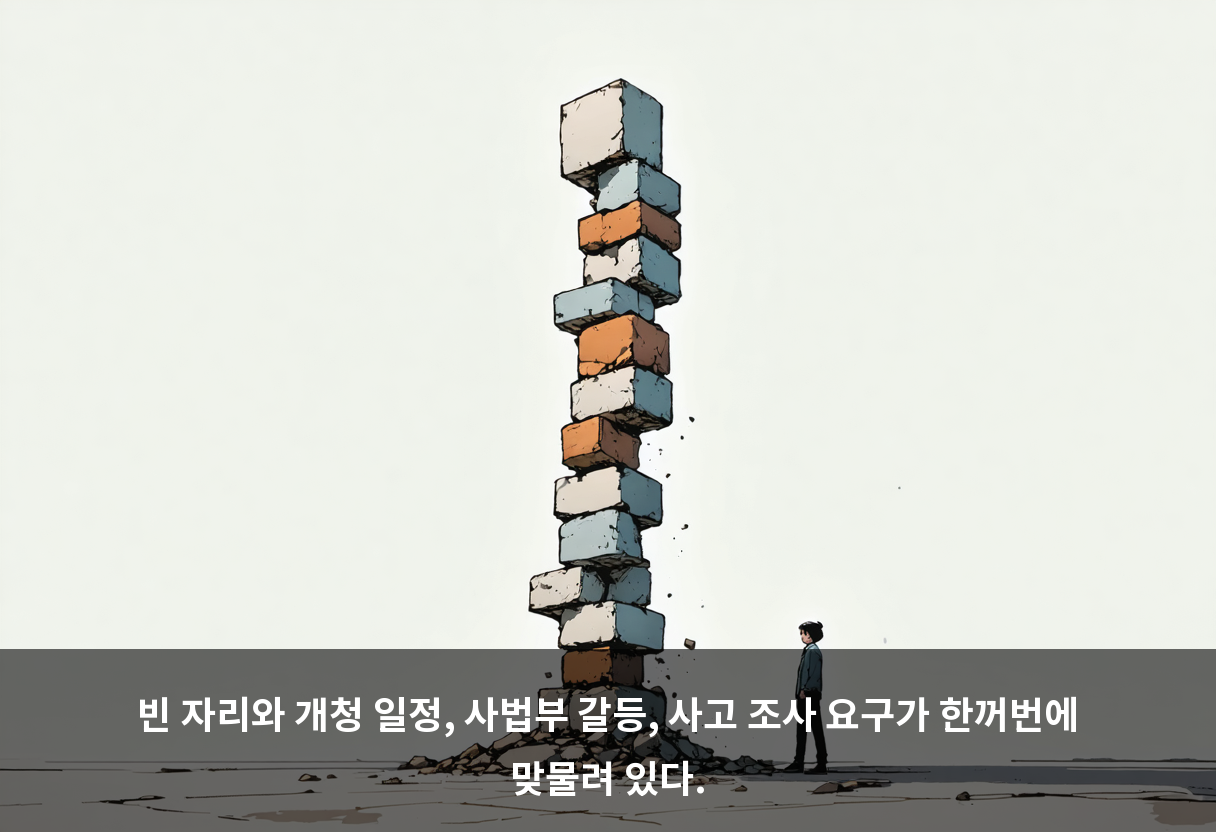 빈 자리와 개청 일정, 사법부 갈등, 사고 조사 요구가 한꺼번에 맞물려 있다.