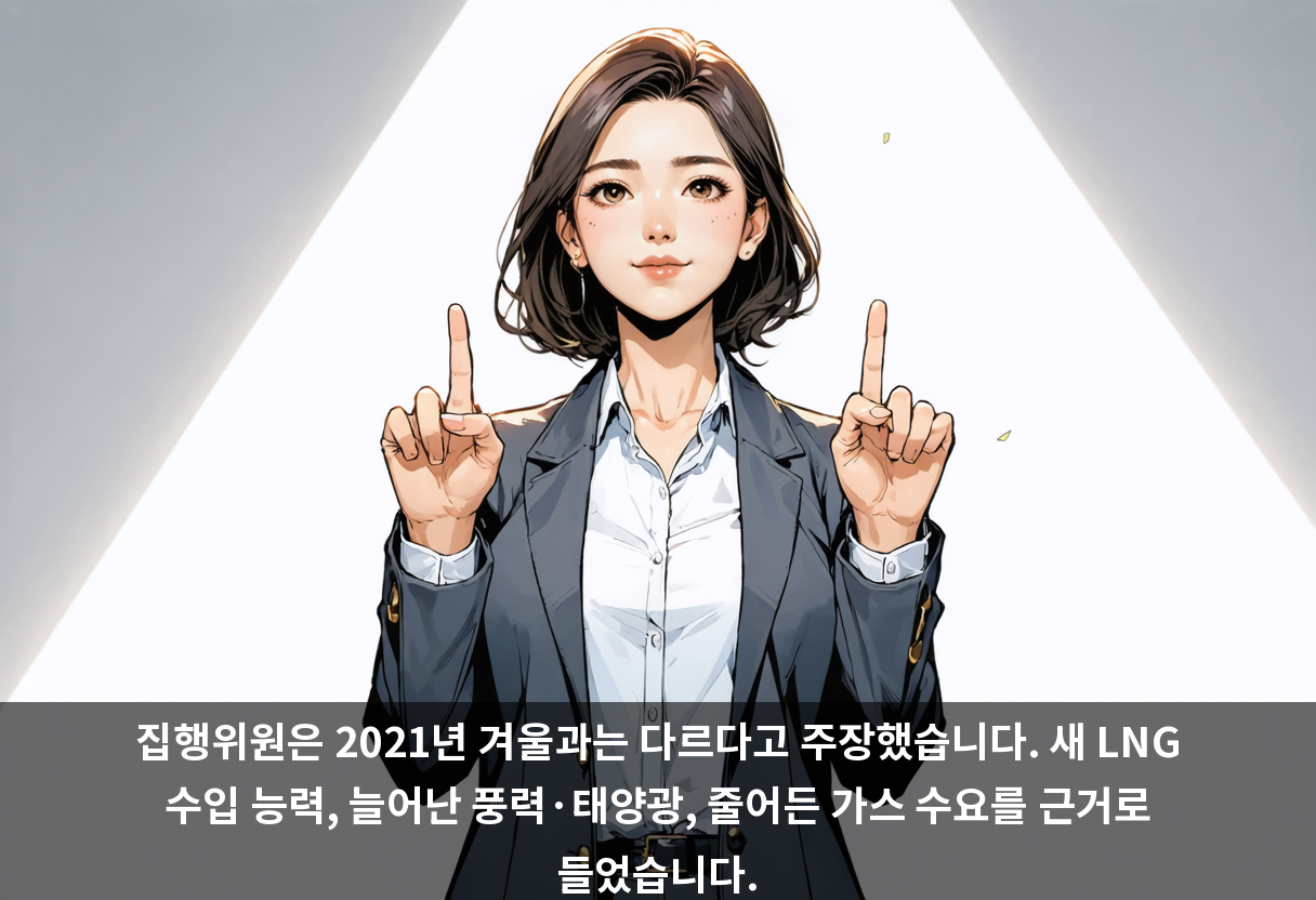 집행위원은 2021년 겨울과는 다르다고 주장했습니다. 새 LNG 수입 능력, 늘어난 풍력·태양광, 줄어든 가스 수요를 근거로 들었습니다.
