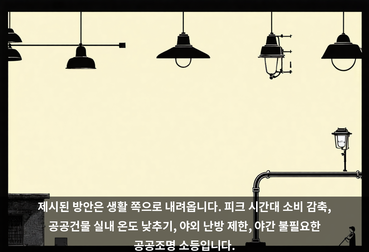 제시된 방안은 생활 쪽으로 내려옵니다. 피크 시간대 소비 감축, 공공건물 실내 온도 낮추기, 야외 난방 제한, 야간 불필요한 공공조명 소등입니다.