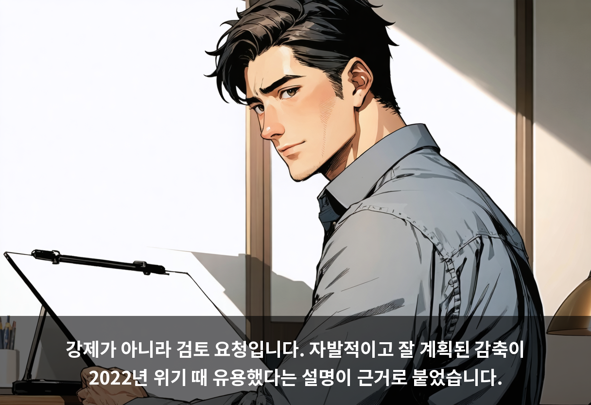 강제가 아니라 검토 요청입니다. 자발적이고 잘 계획된 감축이 2022년 위기 때 유용했다는 설명이 근거로 붙었습니다.