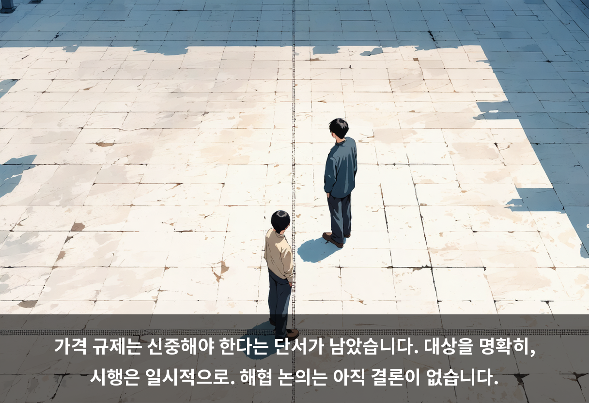 가격 규제는 신중해야 한다는 단서가 남았습니다. 대상을 명확히, 시행은 일시적으로. 해협 논의는 아직 결론이 없습니다.