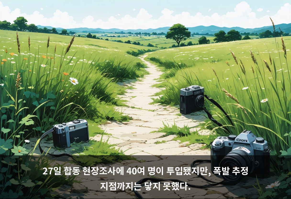 27일 합동 현장조사에 40여 명이 투입됐지만, 폭발 추정 지점까지는 닿지 못했다.