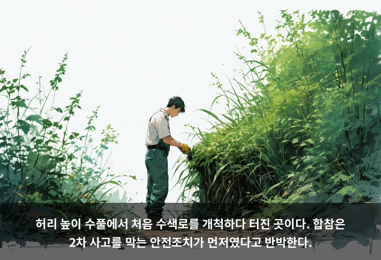 허리 높이 수풀에서 처음 수색로를 개척하다 터진 곳이다. 합참은 2차 사고를 막는 안전조치가 먼저였다고 반박한다.