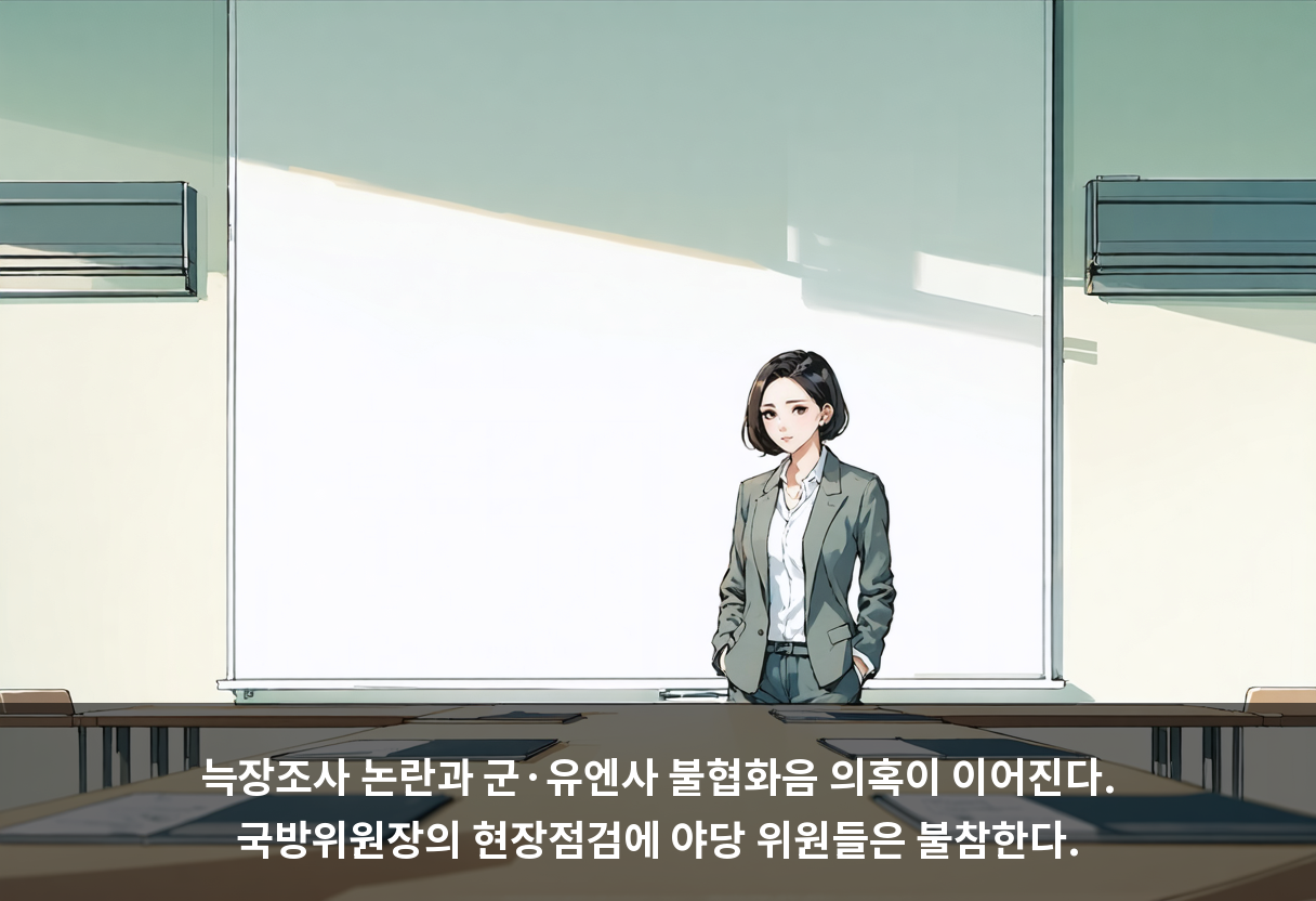 늑장조사 논란과 군·유엔사 불협화음 의혹이 이어진다. 국방위원장의 현장점검에 야당 위원들은 불참한다.