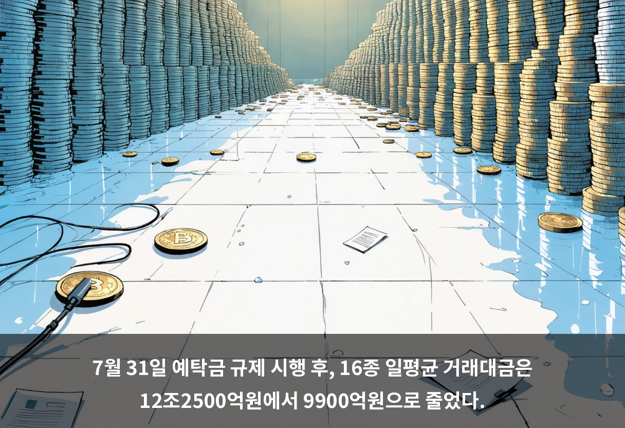 7월 31일 예탁금 규제 시행 후, 16종 일평균 거래대금은 12조2500억원에서 9900억원으로 줄었다.