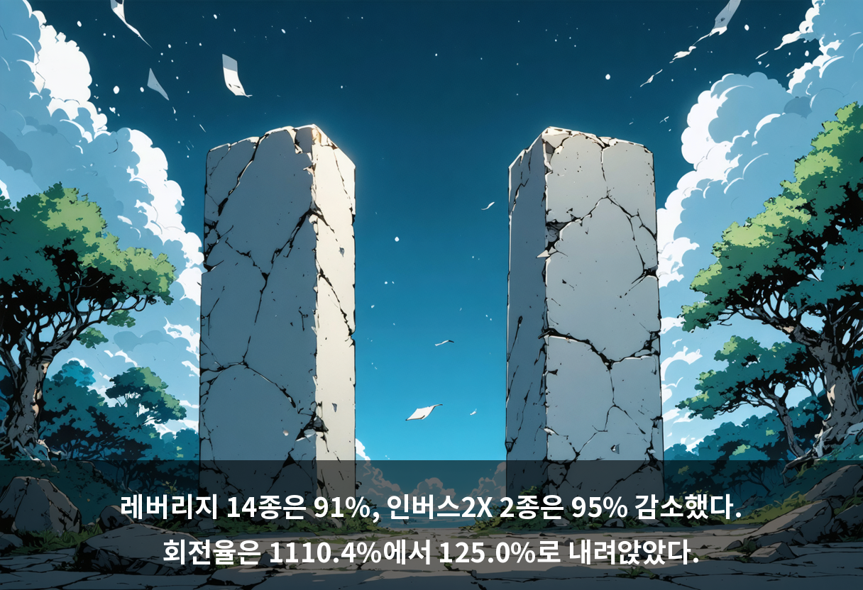 레버리지 14종은 91%, 인버스2X 2종은 95% 감소했다. 회전율은 1110.4%에서 125.0%로 내려앉았다.