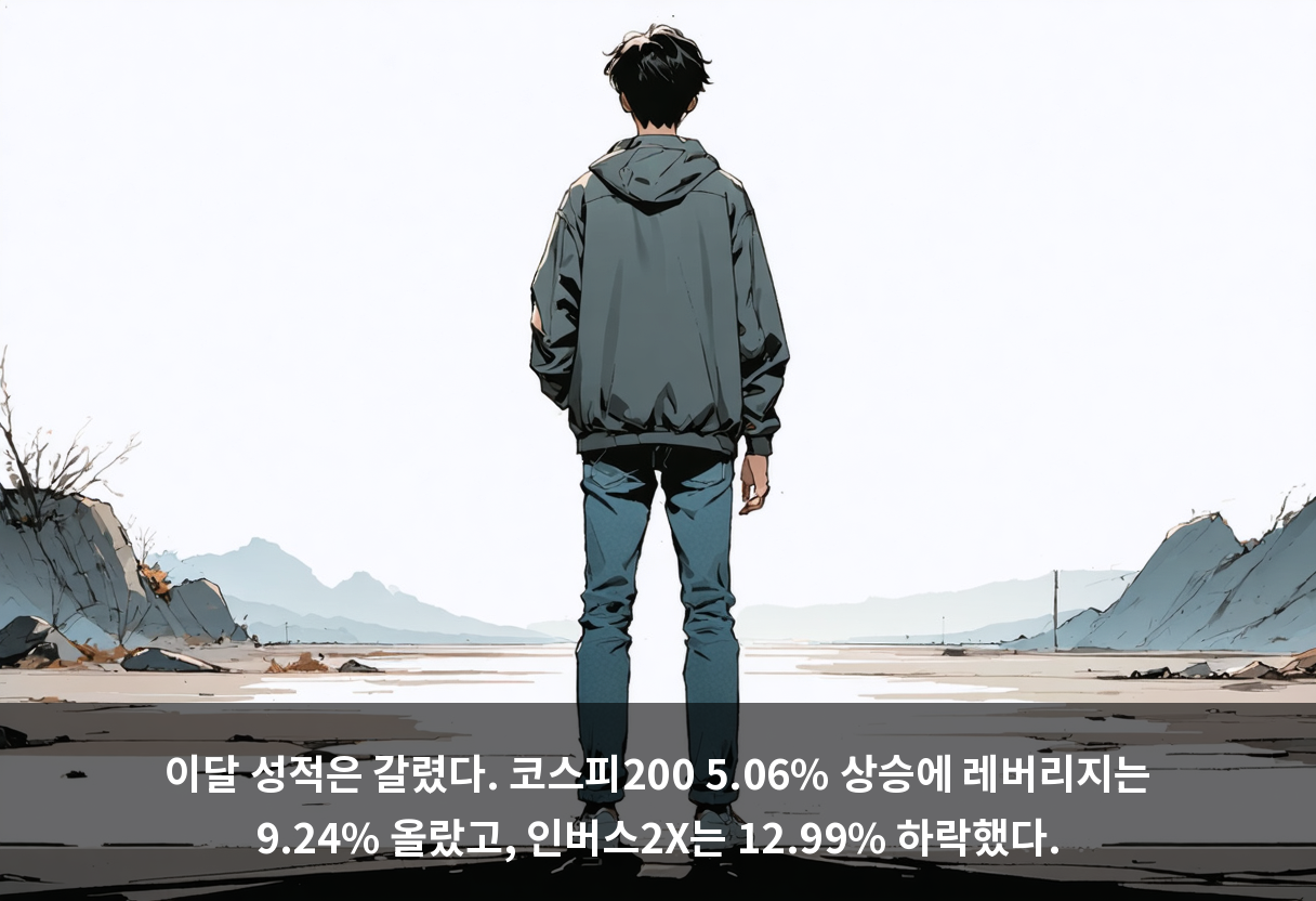 이달 성적은 갈렸다. 코스피200 5.06% 상승에 레버리지는 9.24% 올랐고, 인버스2X는 12.99% 하락했다.