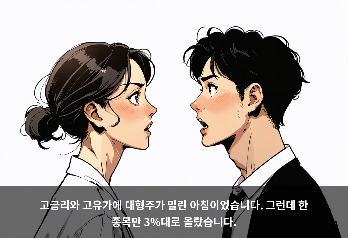 고금리와 고유가에 대형주가 밀린 아침이었습니다. 그런데 한 종목만 3%대로 올랐습니다.