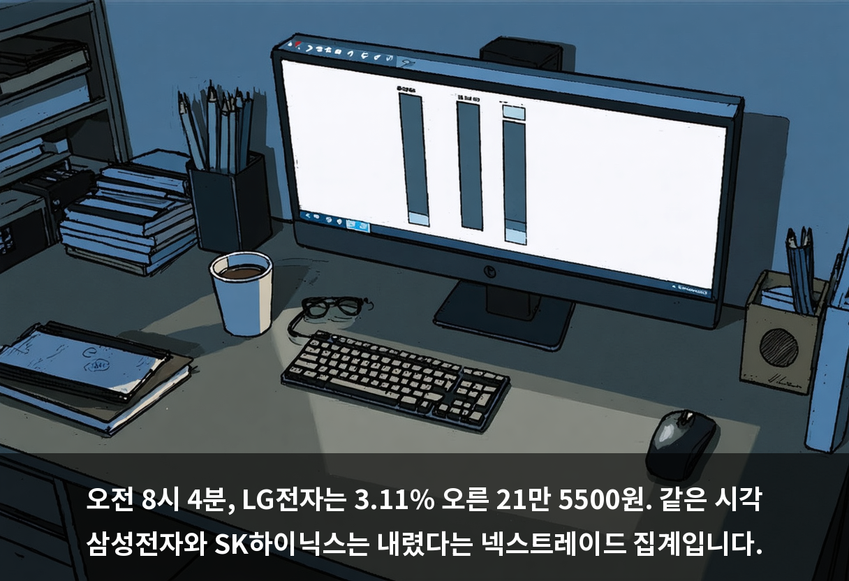 오전 8시 4분, LG전자는 3.11% 오른 21만 5500원. 같은 시각 삼성전자와 SK하이닉스는 내렸다는 넥스트레이드 집계입니다.