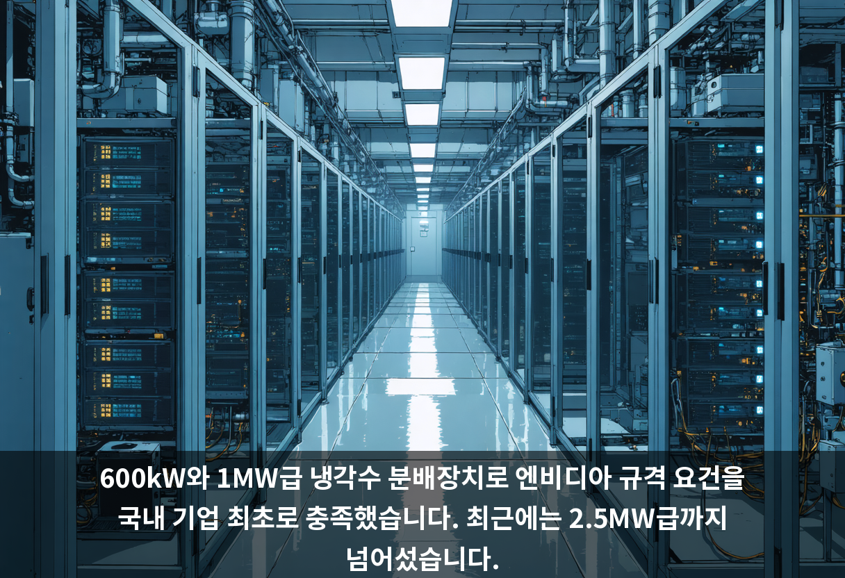600kW와 1MW급 냉각수 분배장치로 엔비디아 규격 요건을 국내 기업 최초로 충족했습니다. 최근에는 2.5MW급까지 넘어섰습니다.