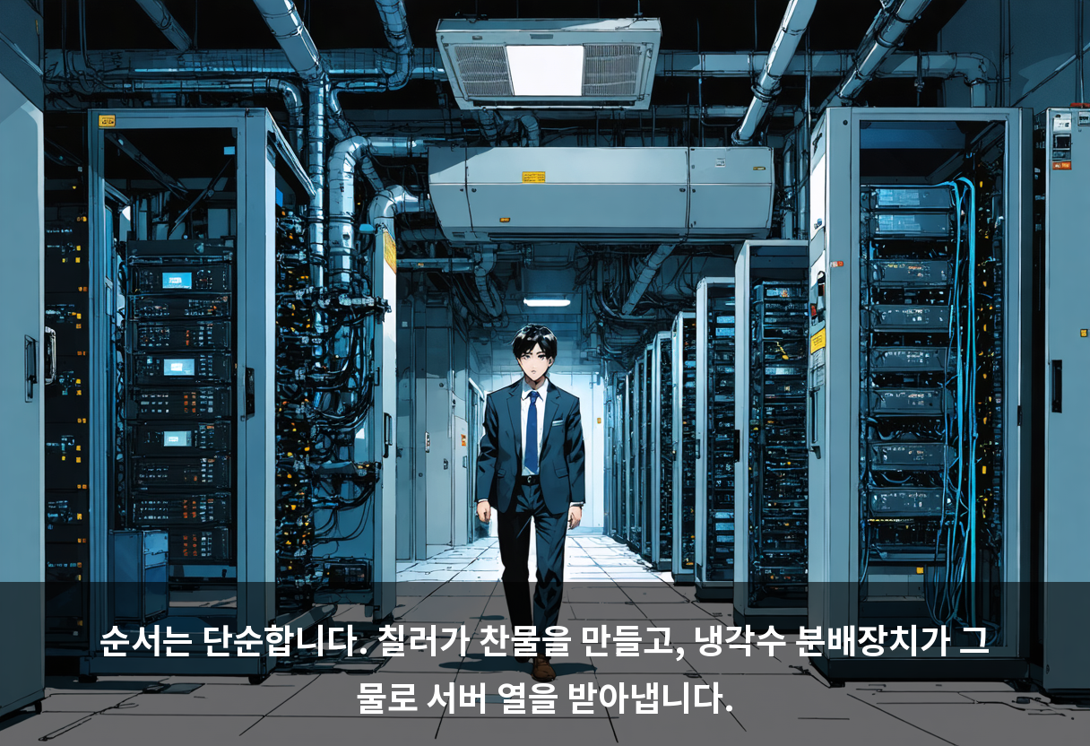 순서는 단순합니다. 칠러가 찬물을 만들고, 냉각수 분배장치가 그 물로 서버 열을 받아냅니다.