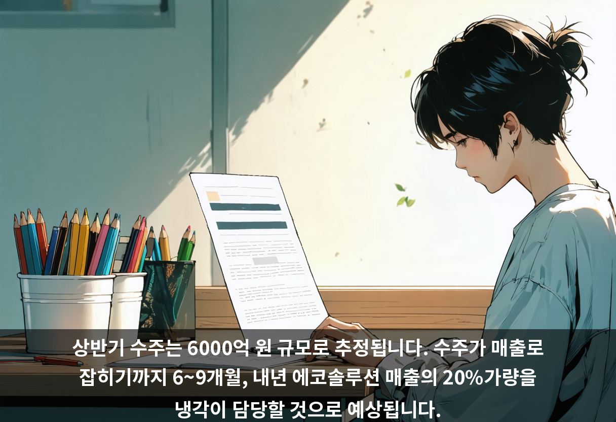 상반기 수주는 6000억 원 규모로 추정됩니다. 수주가 매출로 잡히기까지 6~9개월, 내년 에코솔루션 매출의 20%가량을 냉각이 담당할 것으로 예상됩니다.