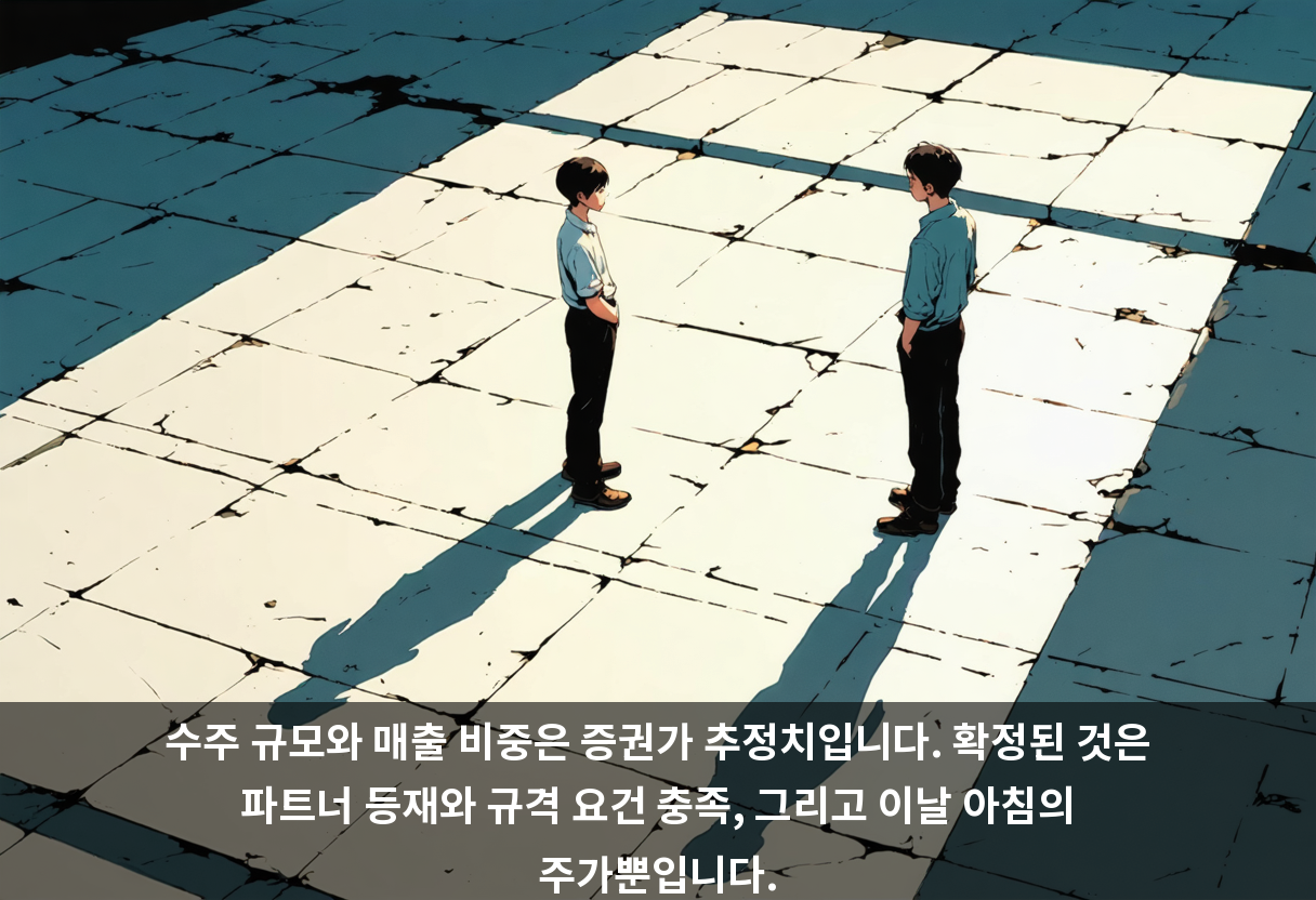 수주 규모와 매출 비중은 증권가 추정치입니다. 확정된 것은 파트너 등재와 규격 요건 충족, 그리고 이날 아침의 주가뿐입니다.