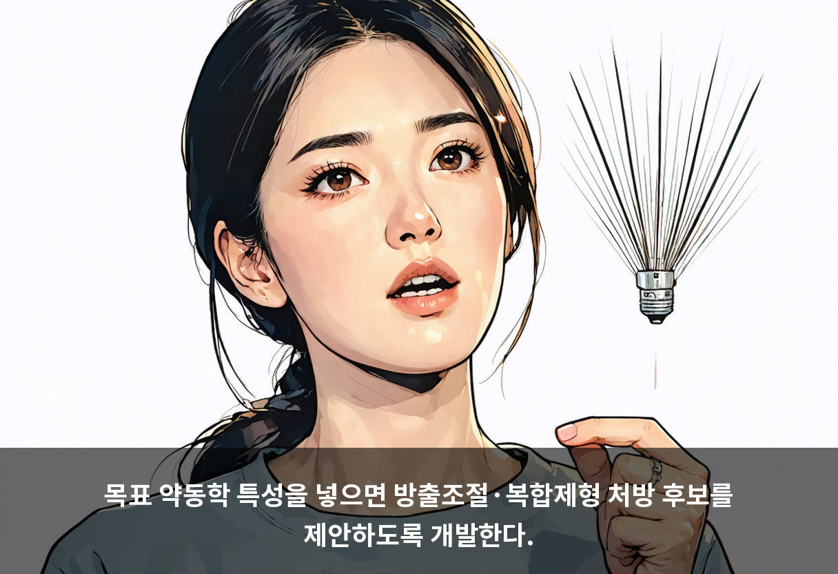 목표 약동학 특성을 넣으면 방출조절·복합제형 처방 후보를 제안하도록 개발한다.