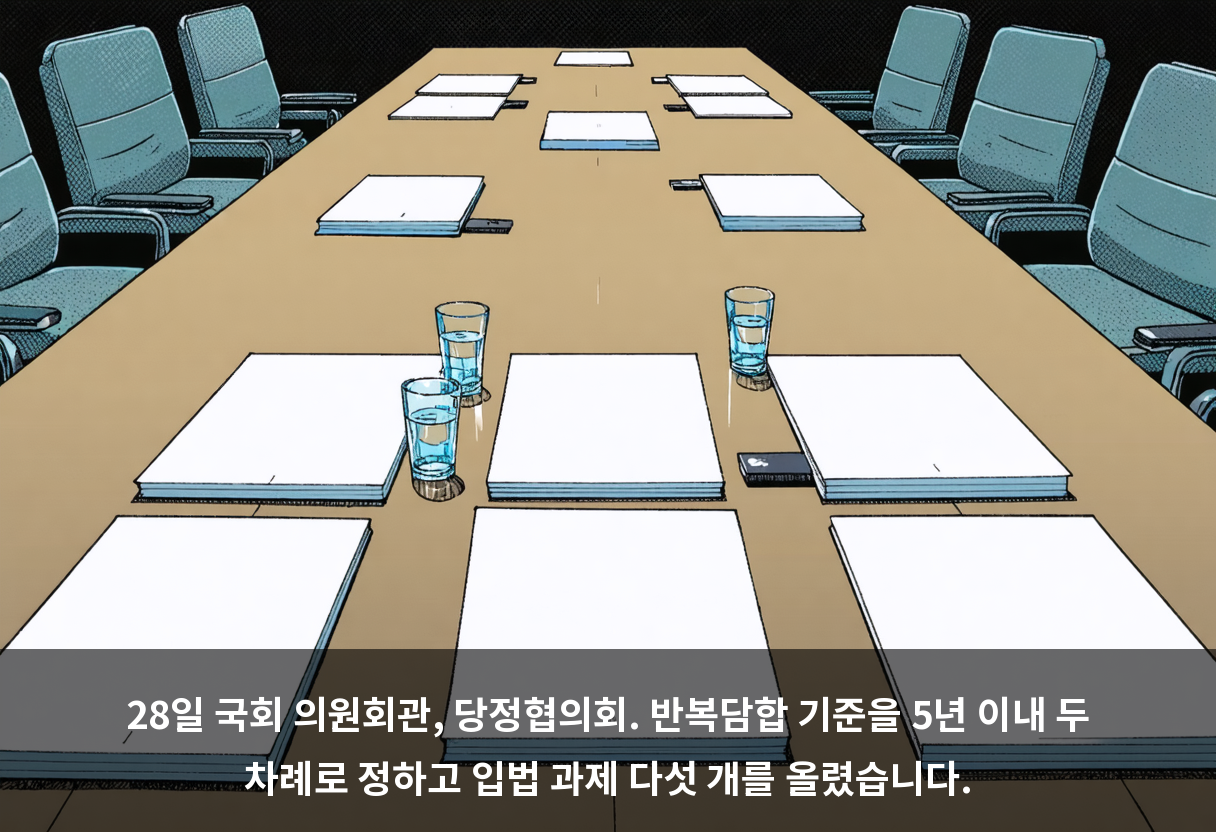 28일 국회 의원회관, 당정협의회. 반복담합 기준을 5년 이내 두 차례로 정하고 입법 과제 다섯 개를 올렸습니다.