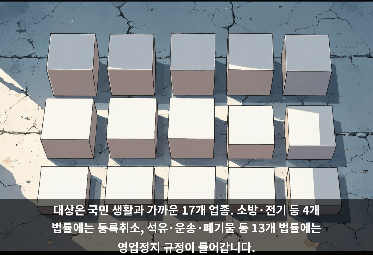 대상은 국민 생활과 가까운 17개 업종. 소방·전기 등 4개 법률에는 등록취소, 석유·운송·폐기물 등 13개 법률에는 영업정지 규정이 들어갑니다.