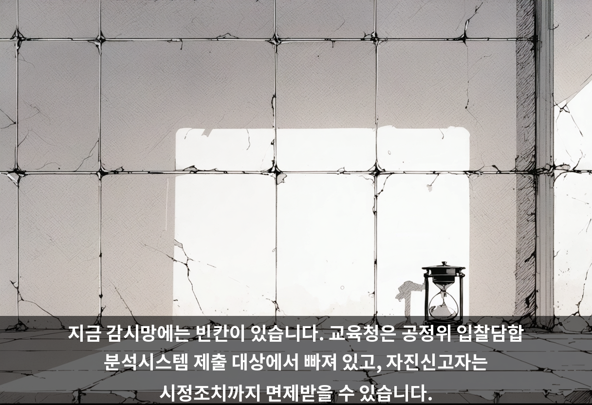 지금 감시망에는 빈칸이 있습니다. 교육청은 공정위 입찰담합 분석시스템 제출 대상에서 빠져 있고, 자진신고자는 시정조치까지 면제받을 수 있습니다.