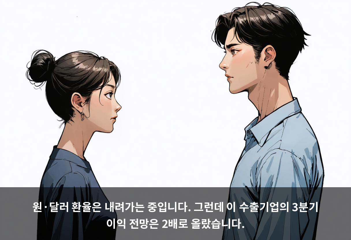 원·달러 환율은 내려가는 중입니다. 그런데 이 수출기업의 3분기 이익 전망은 2배로 올랐습니다.