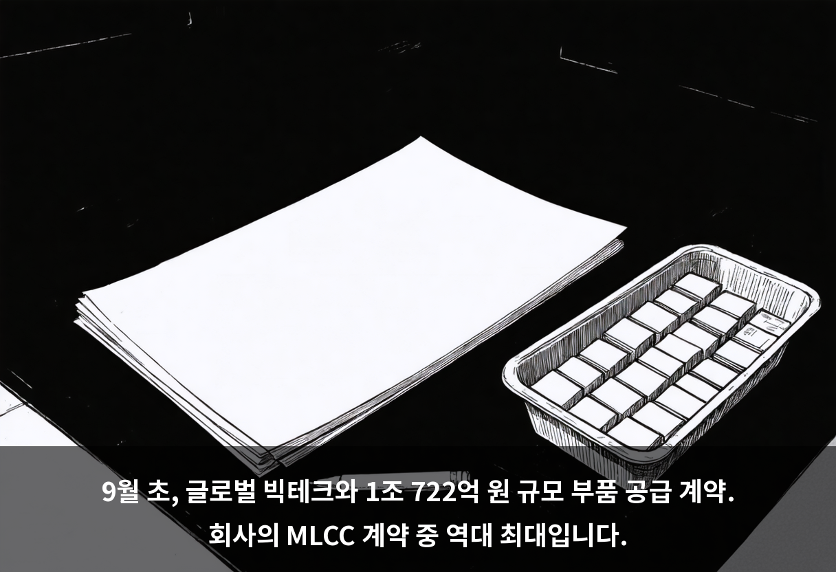9월 초, 글로벌 빅테크와 1조 722억 원 규모 부품 공급 계약. 회사의 MLCC 계약 중 역대 최대입니다.