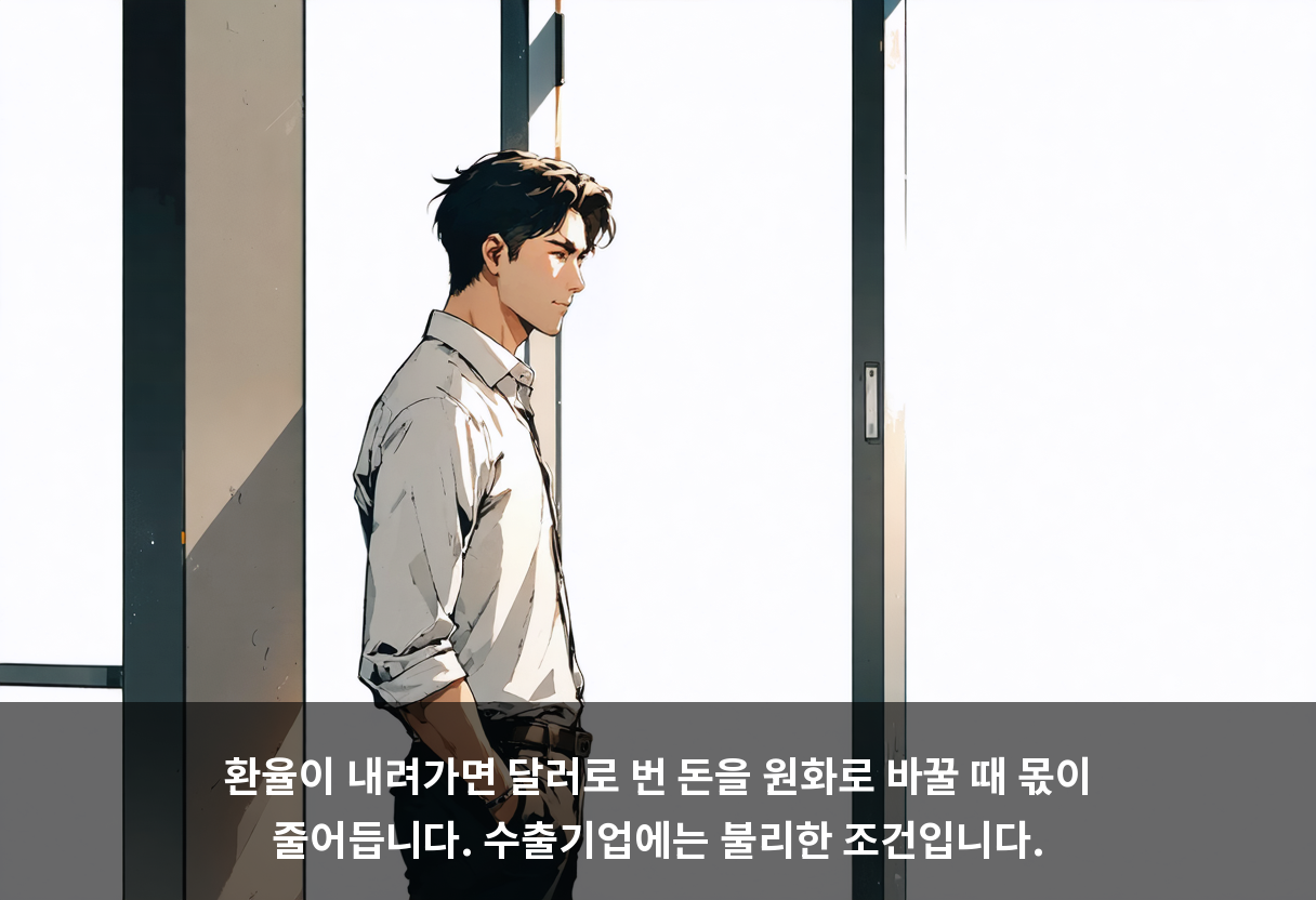 환율이 내려가면 달러로 번 돈을 원화로 바꿀 때 몫이 줄어듭니다. 수출기업에는 불리한 조건입니다.