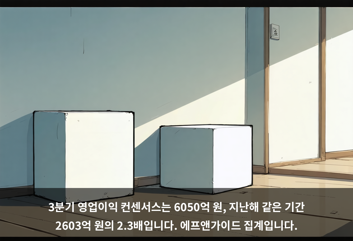 3분기 영업이익 컨센서스는 6050억 원, 지난해 같은 기간 2603억 원의 2.3배입니다. 에프앤가이드 집계입니다.