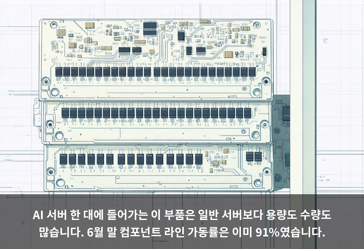 AI 서버 한 대에 들어가는 이 부품은 일반 서버보다 용량도 수량도 많습니다. 6월 말 컴포넌트 라인 가동률은 이미 91%였습니다.