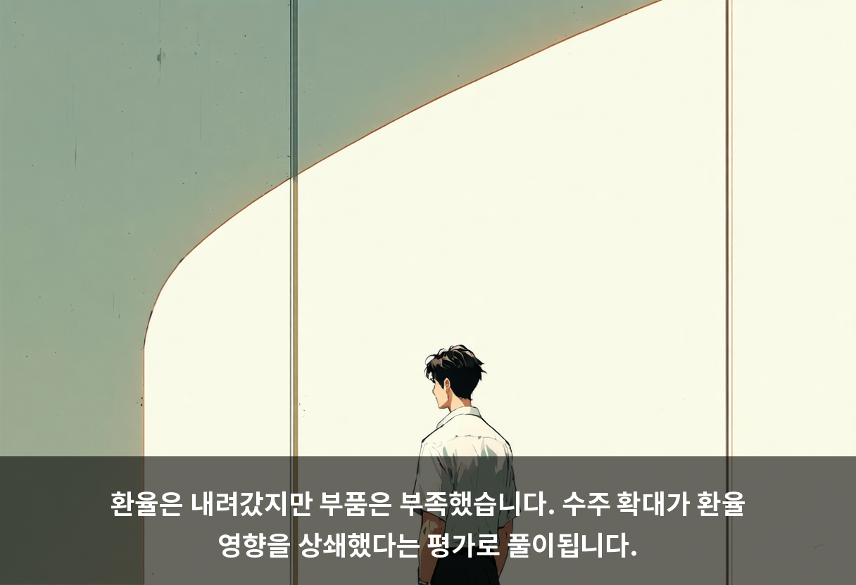 환율은 내려갔지만 부품은 부족했습니다. 수주 확대가 환율 영향을 상쇄했다는 평가로 풀이됩니다.