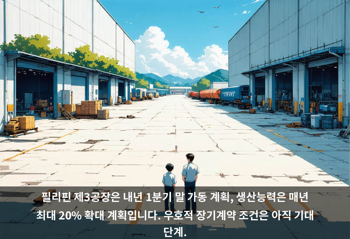 필리핀 제3공장은 내년 1분기 말 가동 계획, 생산능력은 매년 최대 20% 확대 계획입니다. 우호적 장기계약 조건은 아직 기대 단계.