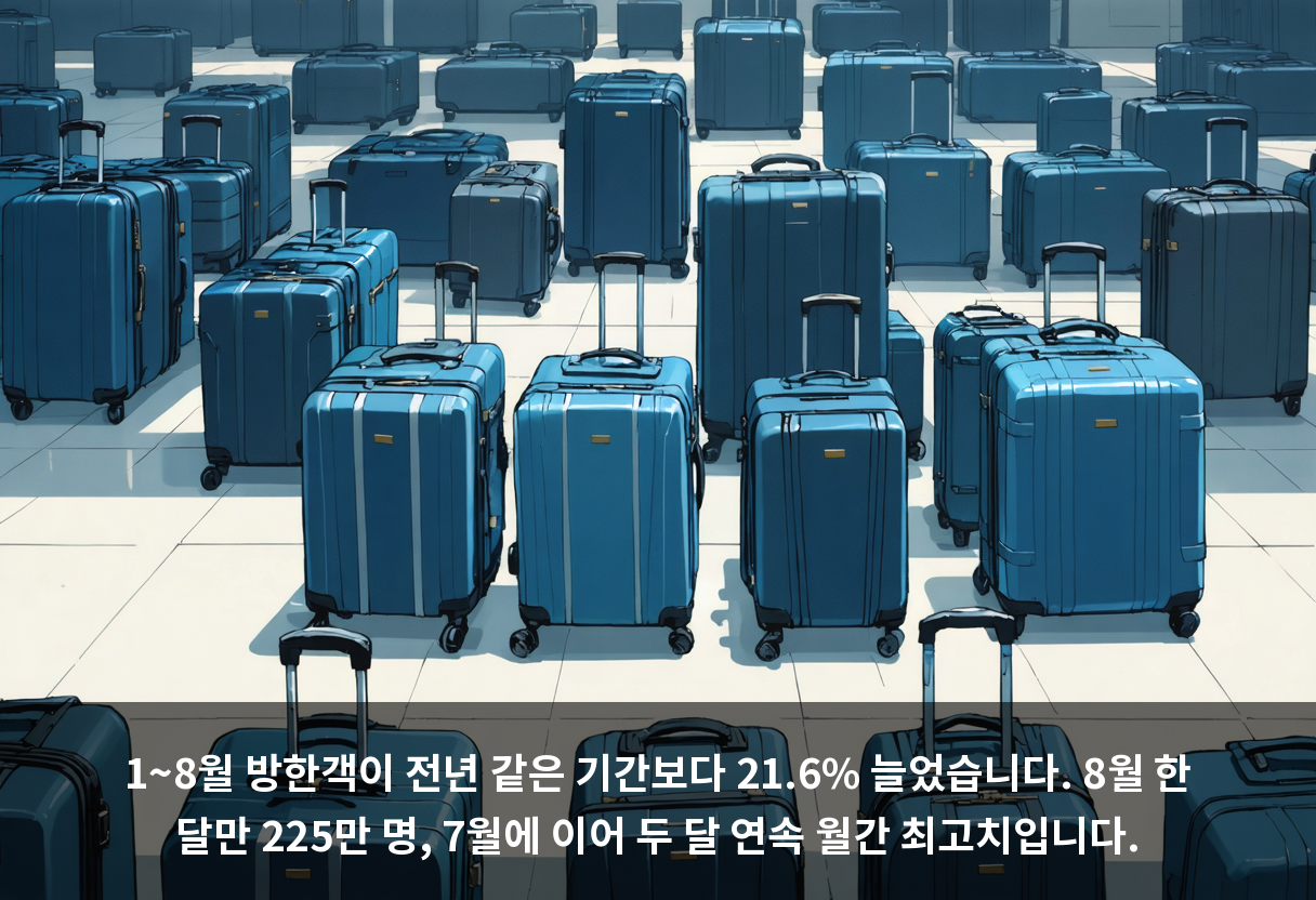 1~8월 방한객이 전년 같은 기간보다 21.6% 늘었습니다. 8월 한 달만 225만 명, 7월에 이어 두 달 연속 월간 최고치입니다.