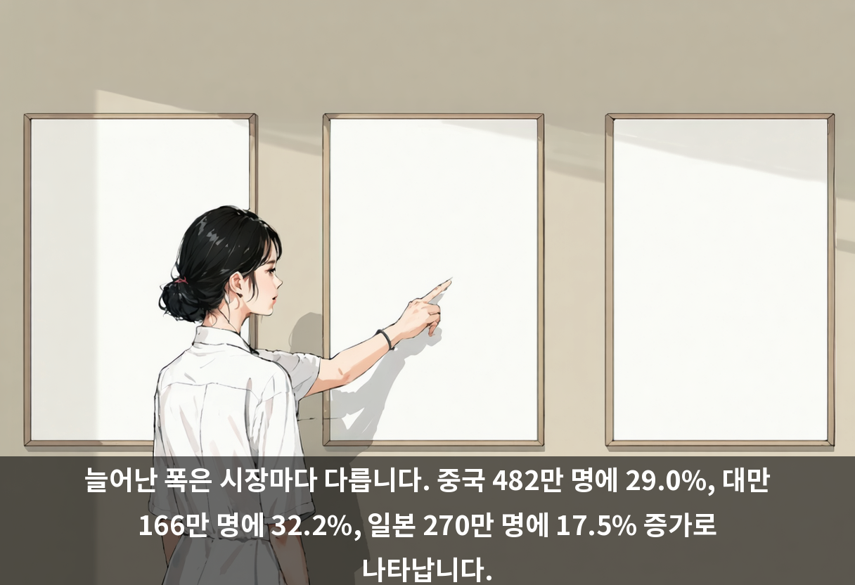 늘어난 폭은 시장마다 다릅니다. 중국 482만 명에 29.0%, 대만 166만 명에 32.2%, 일본 270만 명에 17.5% 증가로 나타납니다.