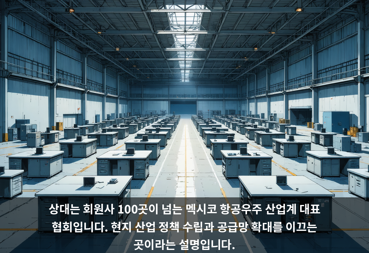 상대는 회원사 100곳이 넘는 멕시코 항공우주 산업계 대표 협회입니다. 현지 산업 정책 수립과 공급망 확대를 이끄는 곳이라는 설명입니다.