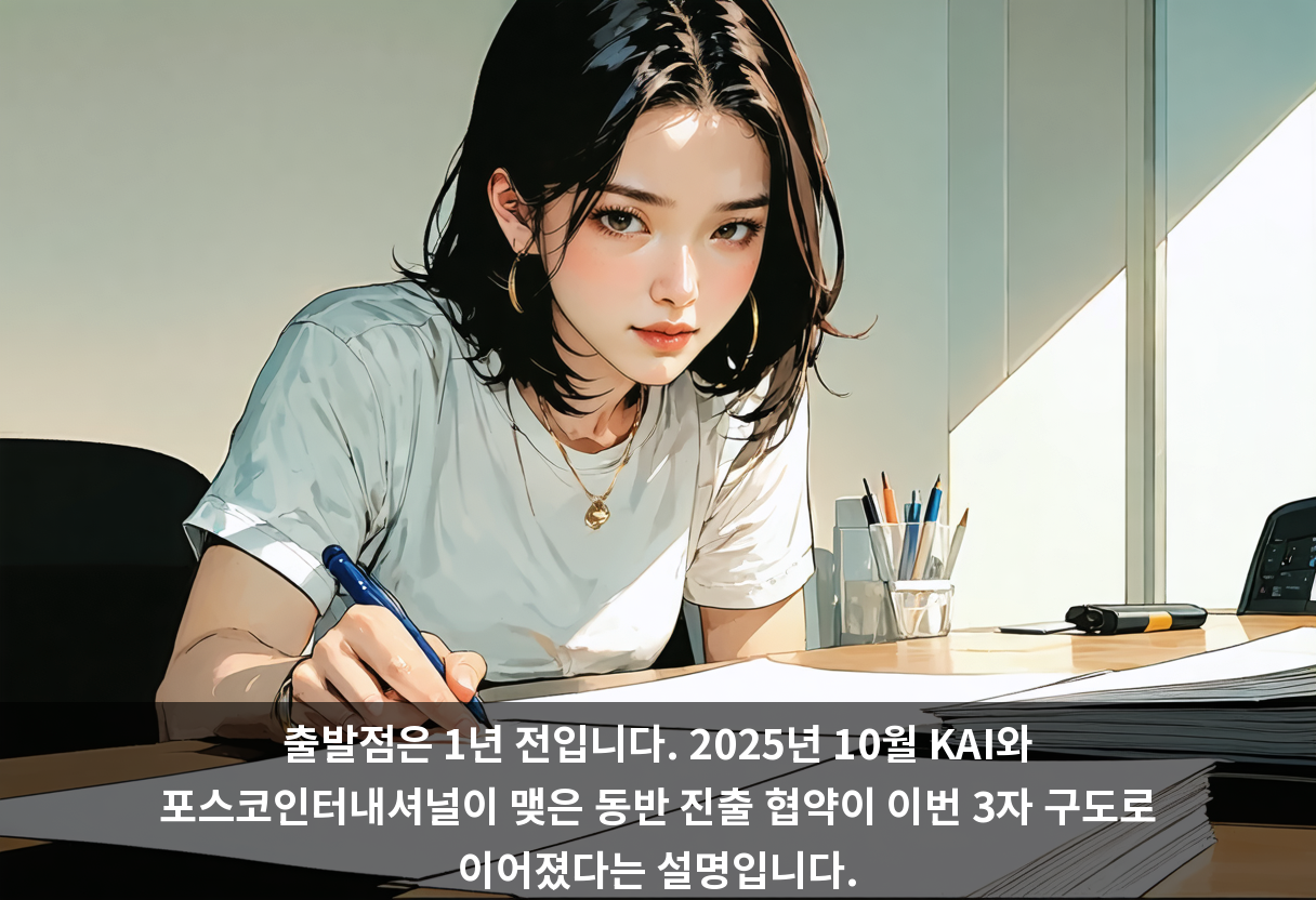 출발점은 1년 전입니다. 2025년 10월 KAI와 포스코인터내셔널이 맺은 동반 진출 협약이 이번 3자 구도로 이어졌다는 설명입니다.