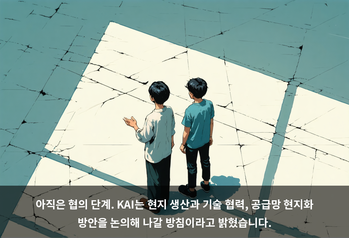 아직은 협의 단계. KAI는 현지 생산과 기술 협력, 공급망 현지화 방안을 논의해 나갈 방침이라고 밝혔습니다.