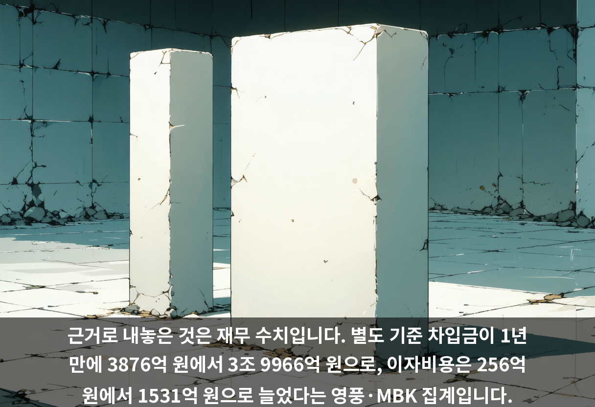근거로 내놓은 것은 재무 수치입니다. 별도 기준 차입금이 1년 만에 3876억 원에서 3조 9966억 원으로, 이자비용은 256억 원에서 1531억 원으로 늘었다는 영풍·MBK 집계입니다.