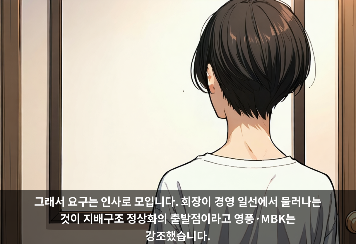 그래서 요구는 인사로 모입니다. 회장이 경영 일선에서 물러나는 것이 지배구조 정상화의 출발점이라고 영풍·MBK는 강조했습니다.