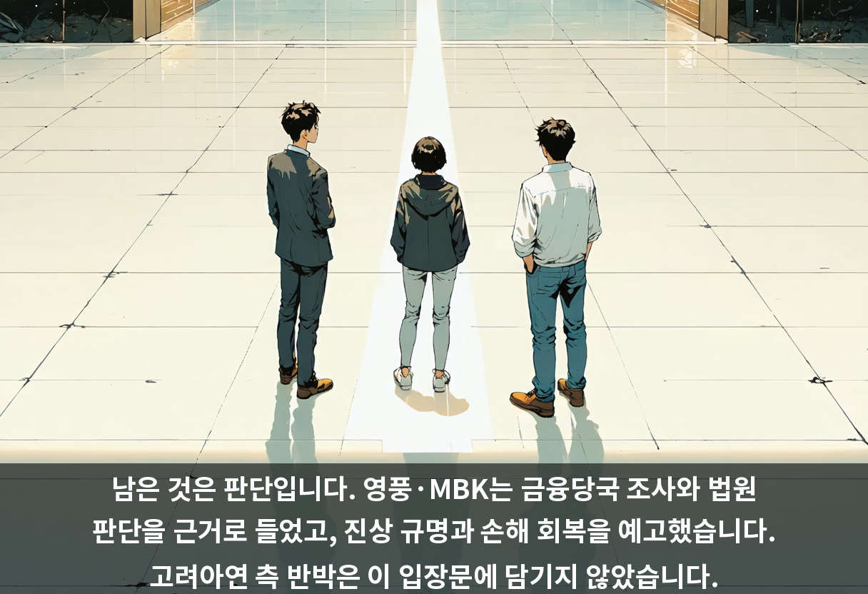 남은 것은 판단입니다. 영풍·MBK는 금융당국 조사와 법원 판단을 근거로 들었고, 진상 규명과 손해 회복을 예고했습니다. 고려아연 측 반박은 이 입장문에 담기지 않았습니다.