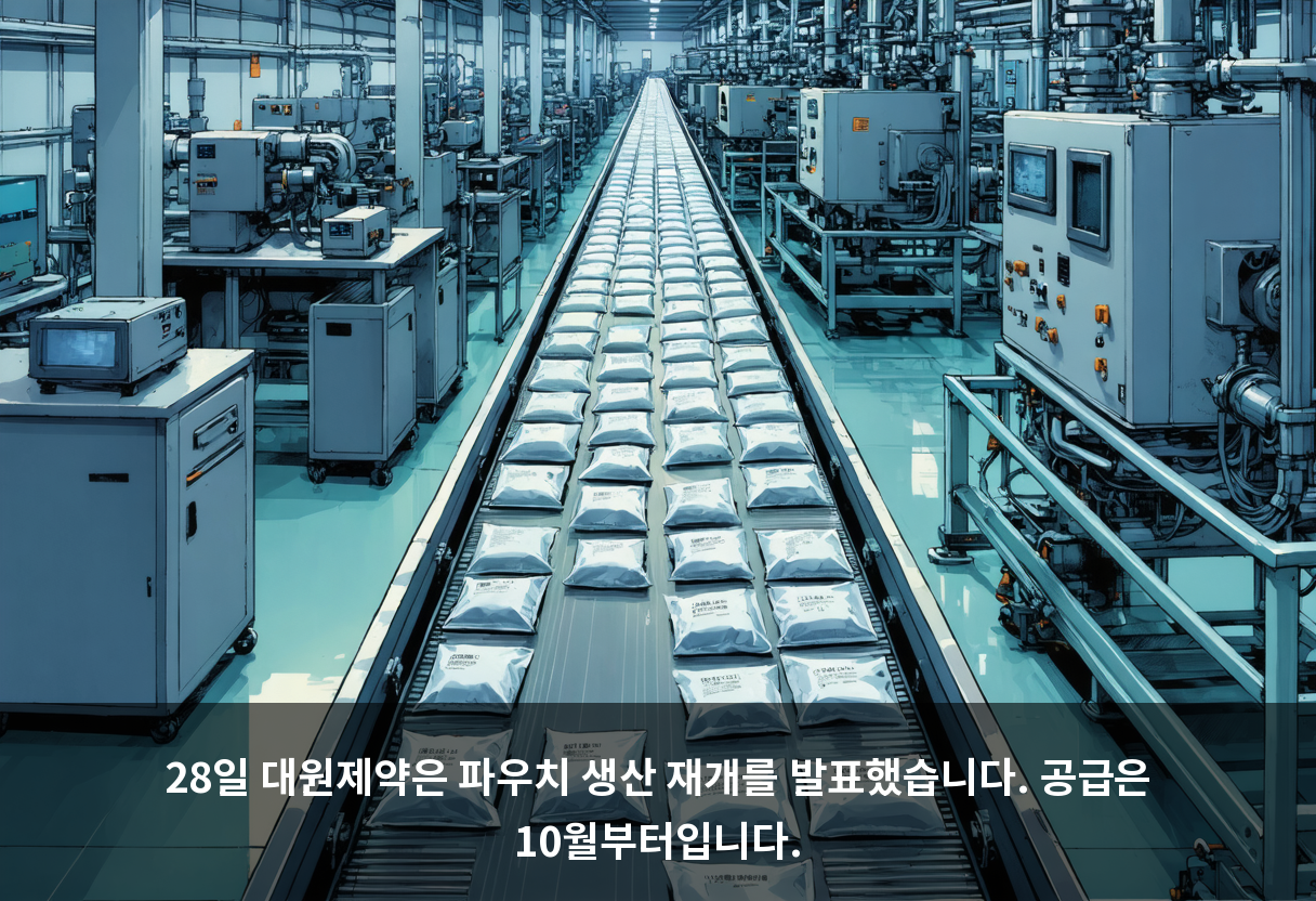 28일 대원제약은 파우치 생산 재개를 발표했습니다. 공급은 10월부터입니다.